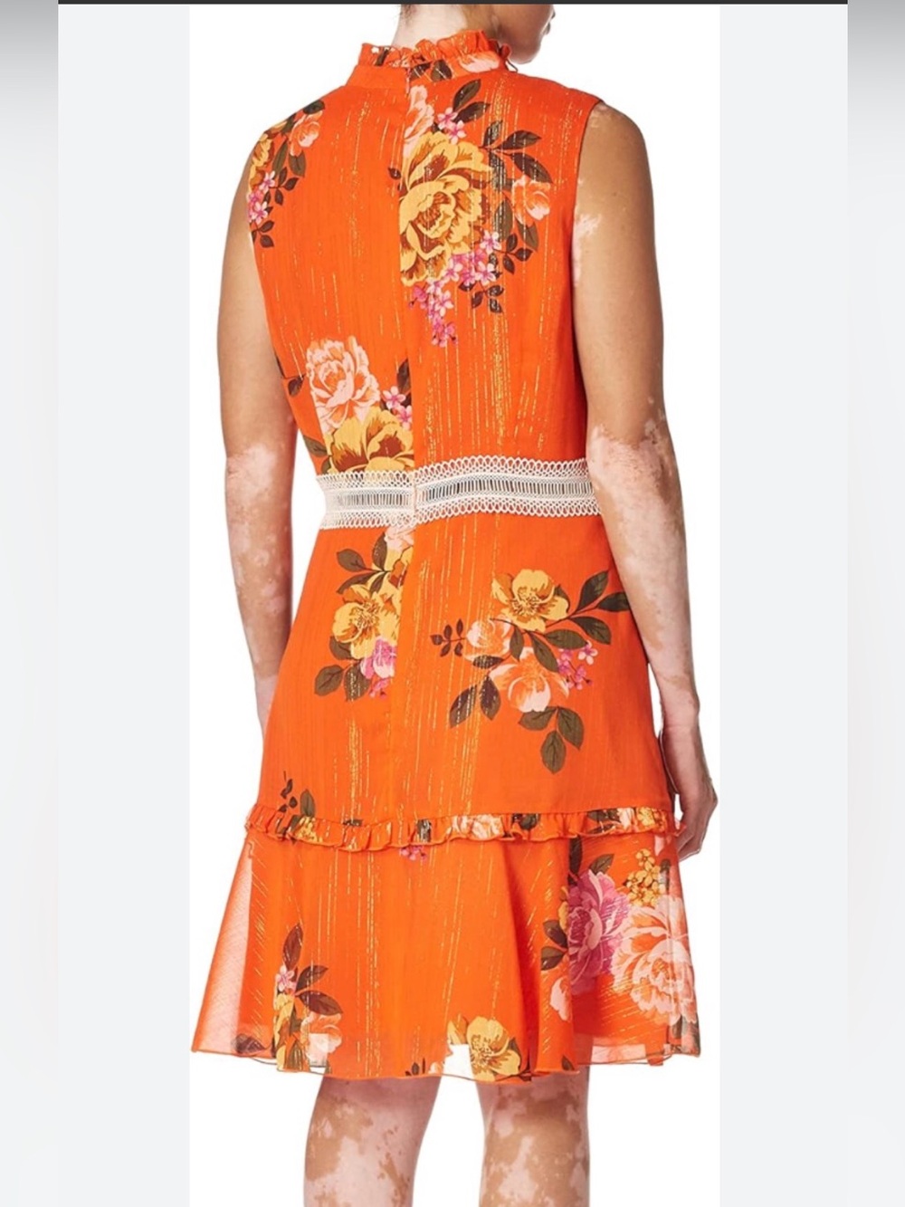 Donna Morgan Sleeveless Orange Floral Tiered Ruffle Lace Eyelet Dress Size 12 - Picture 2 of 8